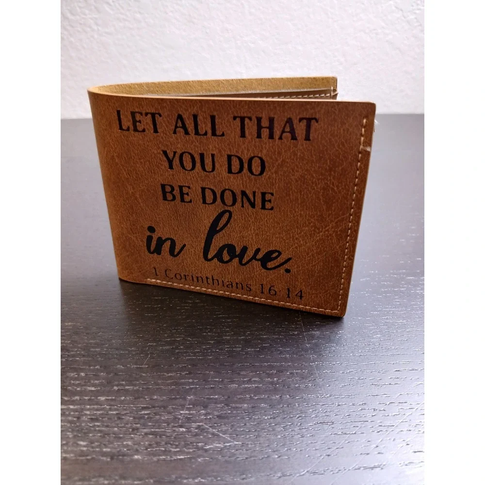 Brown Bifold Wallet Bible Verse Corinthians 16:14 Let All You Do Be Done In Love